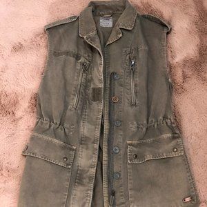 ZARA Trafaluc Green Army Denim Vest With Zipper